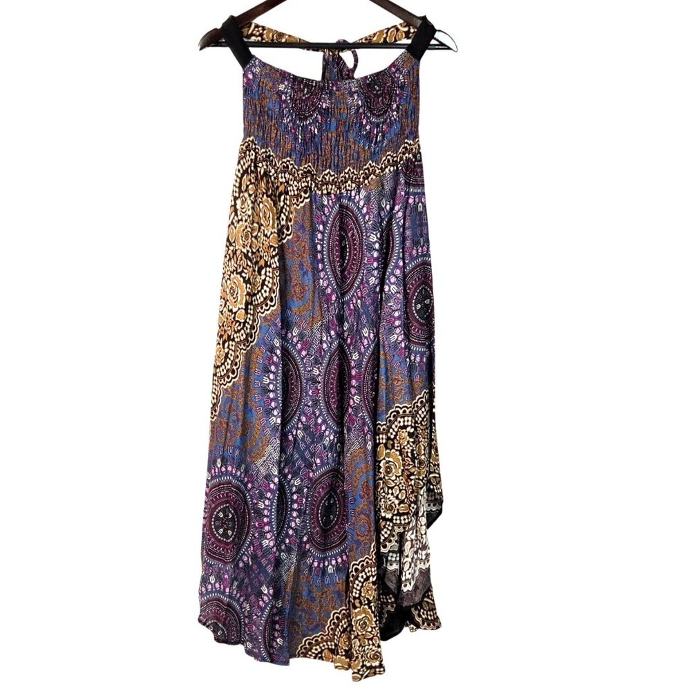 Lanna Bohemian Boho 70s Style Printed Smocked Halter Beach Midi Dress Size L/XL